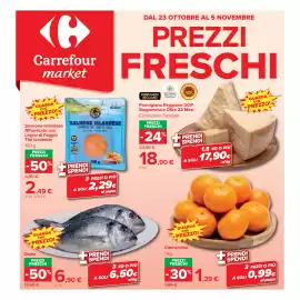 Volantino Carrefour Market Pagina 1: Salmone Islandese Affumicato con Legno di Faggio The Icelander €2,49, Clementine €1,39