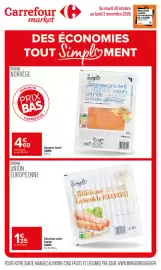 Catalogue Carrefour Market | Des economies tout simplement page 1: SIMPL Saumon fumé €4,69, SIMPL Saucisse cuite fumée €1,35
