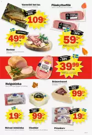 Pekås reklamblad vecka 44 Sida 3: Kvibille Cheddar €99,00, Varmrökt hel lax €109,00
