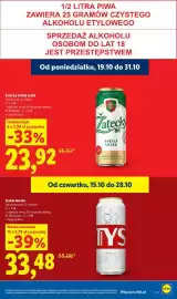 Lidl gazetka tydzień 43 Strona 33: Piwo Żatecký Světlý Ležák 8-pak €23,92, Piwo Tyskie Gronie 12-pak €33,48