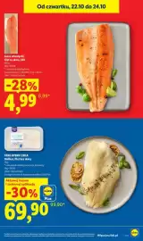 Lidl gazetka tydzień 43 Strona 7: Halibut filet bez skóry Targ Rybny Lidla €69,90, Łosoś atlantycki filet ze skórą XXL €4,99