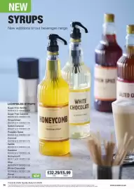 Booker Wholesale brochure Page 34: Lichfields honeycomb flavour syrup €5,99, White chocolate flavour syrup €0,99