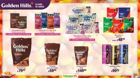 Folleto La Comer Página 14: Golden Hills Galletas wafers €99,90, Golden Hills Piloncillo €79,90