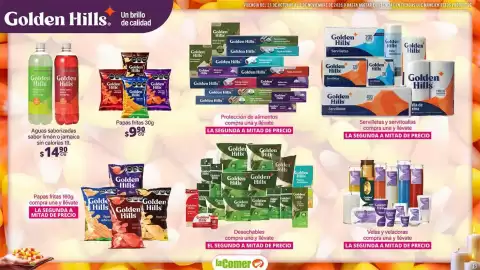 Folleto La Comer Página 16: Golden Hills Papas fritas €9,90, Golden Hills Aguas saborizadas sabor limón o jamaica €14,90