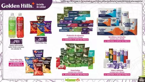 Folleto La Comer Página 19: Golden Hills Aguas saborizadas sabor limón o jamaica €1.490,00, Golden Hills Papas fritas €9,90
