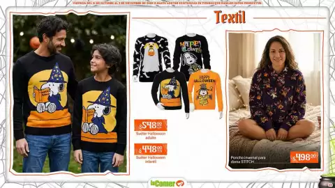 Folleto La Comer Página 32: Stitch Poncho invernal para dama €498,00, Sueter halloween infantil €448,00