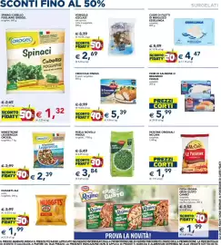 Volantino Esselunga Pagina 4: Spinaci Cubello Fogliapiù Orogel €1,32, Piselli novelli Findus €3,84