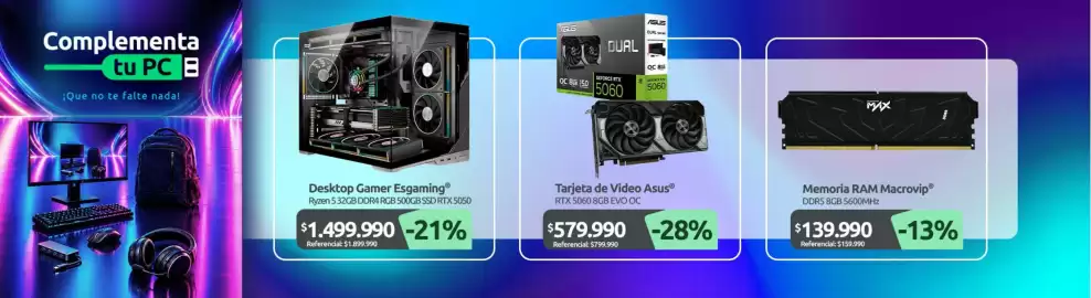 Catálogo PC Factory Página 3: Desktop gamer €1.499.990,00, Asus - tarjeta de video €579.990,00