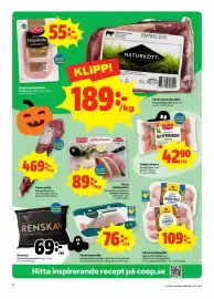 Stora Coop reklamblad vecka 44 Sida 2: Kronfågel kycklingfilé €109,00, Scan helgprinskorv €42,90