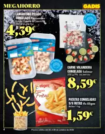 Folleto Gadis semana 43 Página 4: MEGAHORRO LANGOSTINO PELADO CONGELADO Pescanova Crudo Grande o Cocido 180 g (24,39€ Kilo)