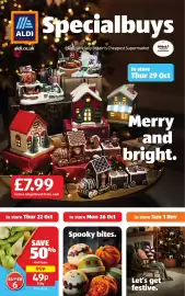 Aldi leaflet Page 1: Mini Pears €0,49, Festive Gingerbread Train €7,99