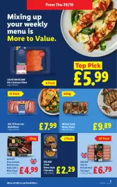 Lidl leaflet week 44 Page 5: Deluxe British Pork Sausages €6,79, Minted Lamb Rump Steaks €9,89