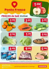 Folheto Ponto Fresco Página 1: Mamão Inteiro €3,85, Medalhões de Pescada do Cabo Pescanova €6,49
