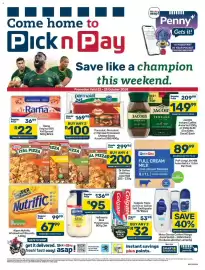 Pick n Pay catalogue Page 1: Nutrific - wholewheat biscuits €67,99, Colgate - triple action or active salt toothpaste €32,00