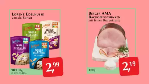 Winkler Markt Flugblatt Seite 6: Berger AMA Backofenschinken mit feiner Bratenkruste €2,19, Lorenz Edelnüsse €2,99
