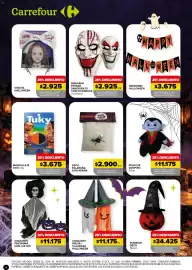 Catálogo Carrefour Página 4: Deco telaraña con araña €2.900,00, Máscara payaso sangriento con cicatrices €2.925,00
