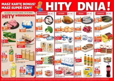 E.Leclerc gazetka tydzień 43 Strona 1: Herbatniki regionalne Cukry Nyskie €2,49, Ćwiartka z kurczaka €4,99