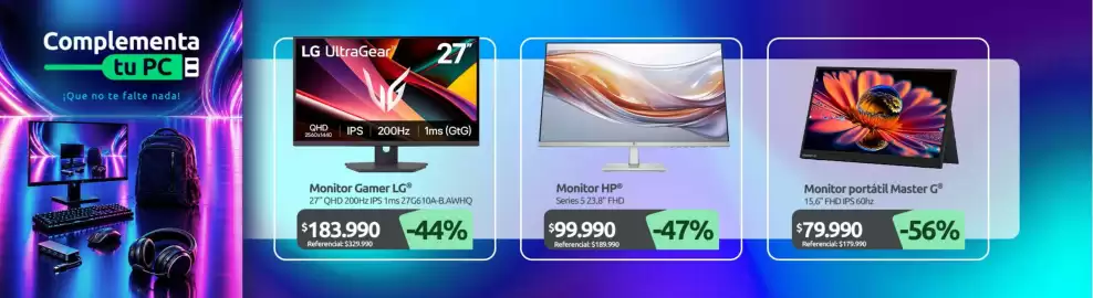 Catálogo PC Factory Página 3: Monitor portátil master gr €79.990,00, Lg - monitor gamer €183.990,00