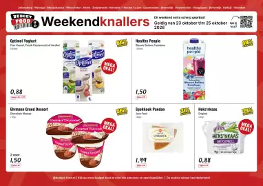 Budget Food folder Pagina 1: Heks'nkaas Original €0,88, Optimel Yoghurt Peer-Kaneel, Perzik-Passievrucht of Aardbei €0,88