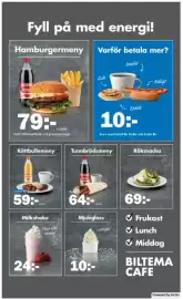 Biltema reklamblad Sida 31: Korv med bröd Kaffe och bulle €10,00, Hamburgermeny €79,00