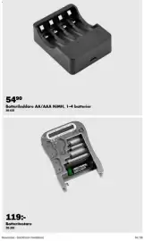Biltema reklamblad Sida 35: Batteriladdare AA/AAA NiMH €54,90, Biltema batteritestare €119,00