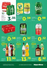Folleto HiperDino Página 25: Tropical o Dorada cerveza pilsen €3,35, Barbero licor de Amaretto €6,92