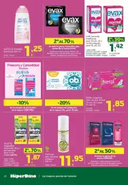 Folleto HiperDino Página 28: Evax salvaslip fresh normal €1,42, EJOVE gel aloe vera puro ecológico €11,95