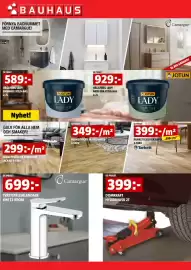 Bauhaus reklamblad Sida 4: Parkettgolv ek pro matt 3-stav €349,00, Camargue tvättställsblandare oni t2 krom €699,00