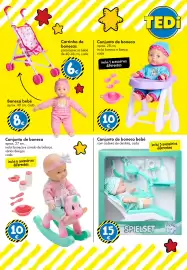 Catálogo TEDi Página 17: Conjunto de boneco bebé com cadeira de dentista €15,00, Conjunto de boneca €10,00