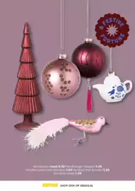 Xenos folder Pagina 43: Kerstbal roze rood steentjes €3,99, Kerstclip vogel €2,99