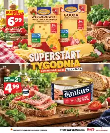 Topaz gazetka tydzień 44 Strona 9: Ser w plastrach typu szwajcarskiego Włoszczowa €6,99, Konserwa Krakus €4,99