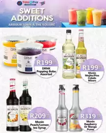 Take 'n Pay catalogue Page 17: Monin Peach/Lemon tea Syrup €209,99, Monin Mojito/Pina Colada Mixers €199,99