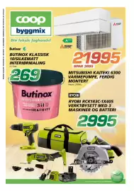 Coop Byggmix kundeavis Side 1: MITSUBISHI KAITEKI 6300 VARMEPUMPE, FERDIG MONTERT €21.995,00