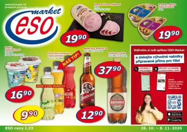 ESO MARKET leták Strana 1: Krajanka paštika €19,90, Kostelecké uzeniny řeznická šunka výběrová €19,90