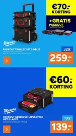 BOUWMAAT folder Pagina 22: Milwaukee Packout Trolley Set €259,00, Milwaukee Packout Gereedschapskoffer Met 2 Lades €139,00