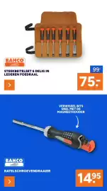 BOUWMAAT folder Pagina 36: Bahco Ratelschroevendraaier €14,95, Bahco Steekbeitelset 6 delig in Lederen Foedraal €75,00