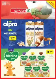 Folheto Spar Página 1: Alpro bebida vegetal aveia amêndoa €1,99, Puré de fruta blédina vários sabores €0,69