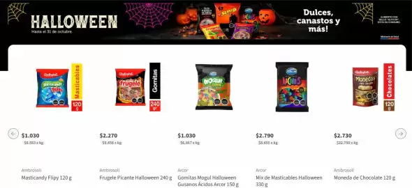 Catálogo Santa Isabel semana 44 Página 3: Arcor - gomitas mogul halloween €1.030,00, 120 - chocolates €2.730,00