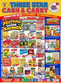 Three Star Cash and Carry catalogue Page 1: Power Super Maize Meal €299,00, Unity UHT Full Cream Milk €88,99