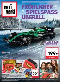 Maximarkt Flugblatt Seite 1: UNO Extreme €29,99, LEGO Technic 42240 Aston Martin Aramco AMR25 F1 €199,00
