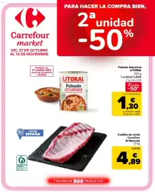 Folleto Carrefour Market Página 1: Litoral fabada asturiana €1,30, Carrefour costilla de cerdo €4,89