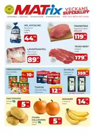 Matrix Butikerna reklamblad vecka 44 Sida 1: Mesogios olivolja extra virgin €359,95, Bananner €14,95