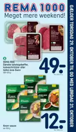 REMA 1000 tilbudsavis Side 1: Knorr sauce €12,00, Rema 1000 tykstegsbøffer €49,00