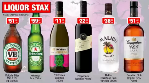 Liquor Stax catalogue Page 1: Victoria Bitter Mid 3.5% €51,99, 19 Crimes Varieties €11,99