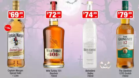 Liquor Stax catalogue Page 11: Captain Morgan Spiced Gold €69,99, Wild Turkey 101 Bourbon €72,99