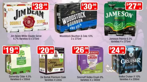 Liquor Stax catalogue Page 14: Jim Beam White Double Serve €38,99, Woodstock Bourbon & Cola €30,99