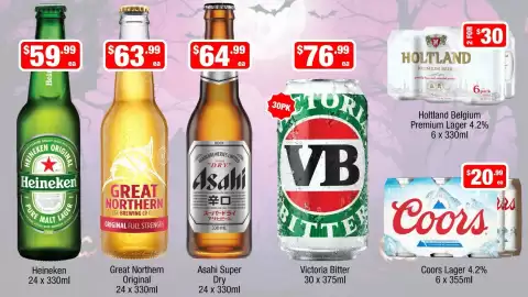 Liquor Stax catalogue Page 3: Coors Lager €20,99, Heineken Pure Malt Lager €59,99