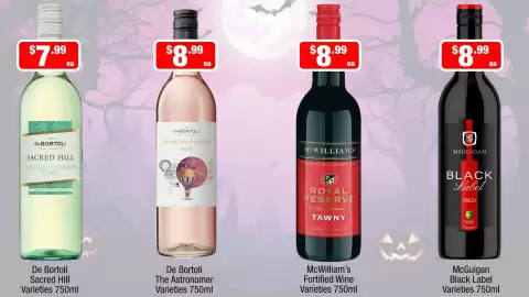 Liquor Stax catalogue Page 4: De Bortoli Sacred Hill Varieties €7,99, McGuigan Black Label Varieties €8,99