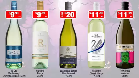Liquor Stax catalogue Page 5: Lake Road Estate Sauvignon Blanc €20,00, Houghton Classic Range €11,99