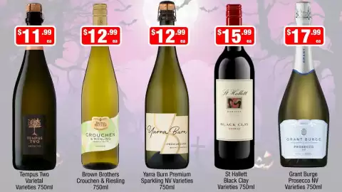 Liquor Stax catalogue Page 6: Yarra Burn Premium Sparkling NV Varieties €12,99, St Hallett Black Clay Varieties €15,99